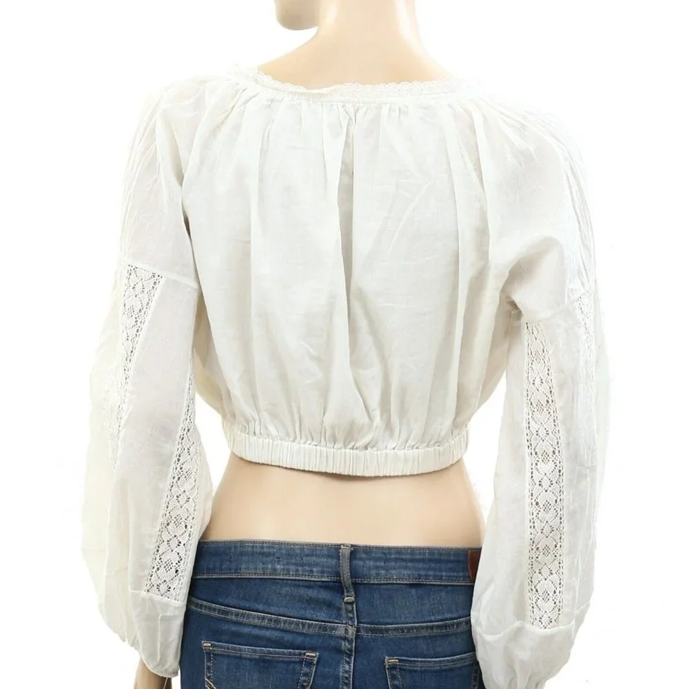 Ulla Johnson Lace Cropped Solid Top Long Sleeve Ivory Cotton Blouse M New